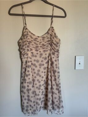 Altar'd State Cream Pink Floral Mesh Spaghetti Strap Mini Dress Ruched Size M